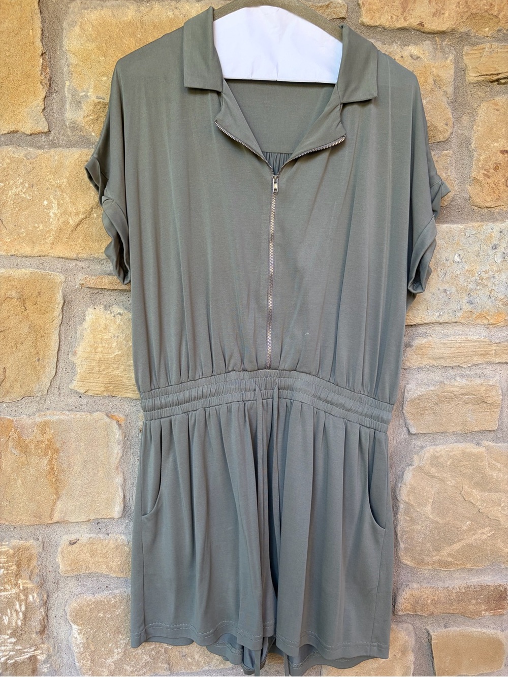 Casual Olive Short-Sleeve Zip-Front Romper